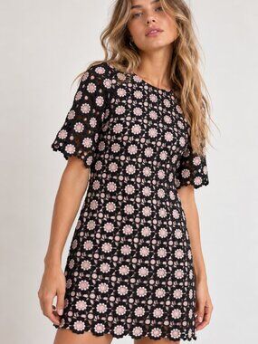 Kate Spade Black Pink Daisy Floral Crochet Lace Shift Mini Dress Mod Size 0